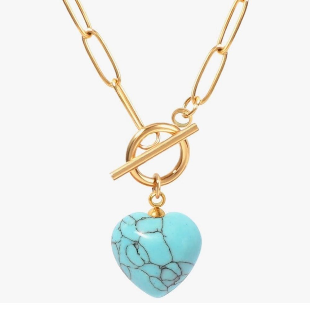 NEW 18k gold Plated Paperclip Chain Necklace with Turquoise Heart Pendant